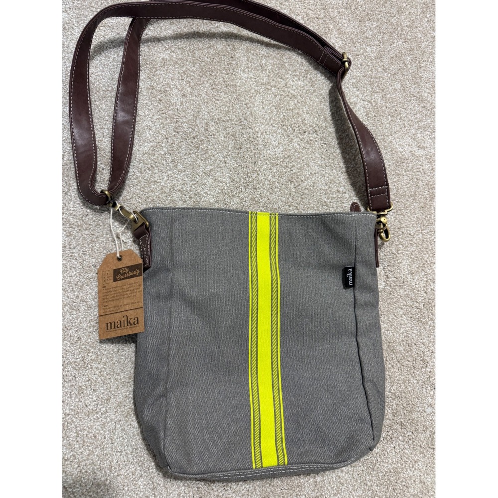 NWT Maika City Crossbody Bag Stripe Lime Ash Grey Canvas Sling CIT-4071 NEW
